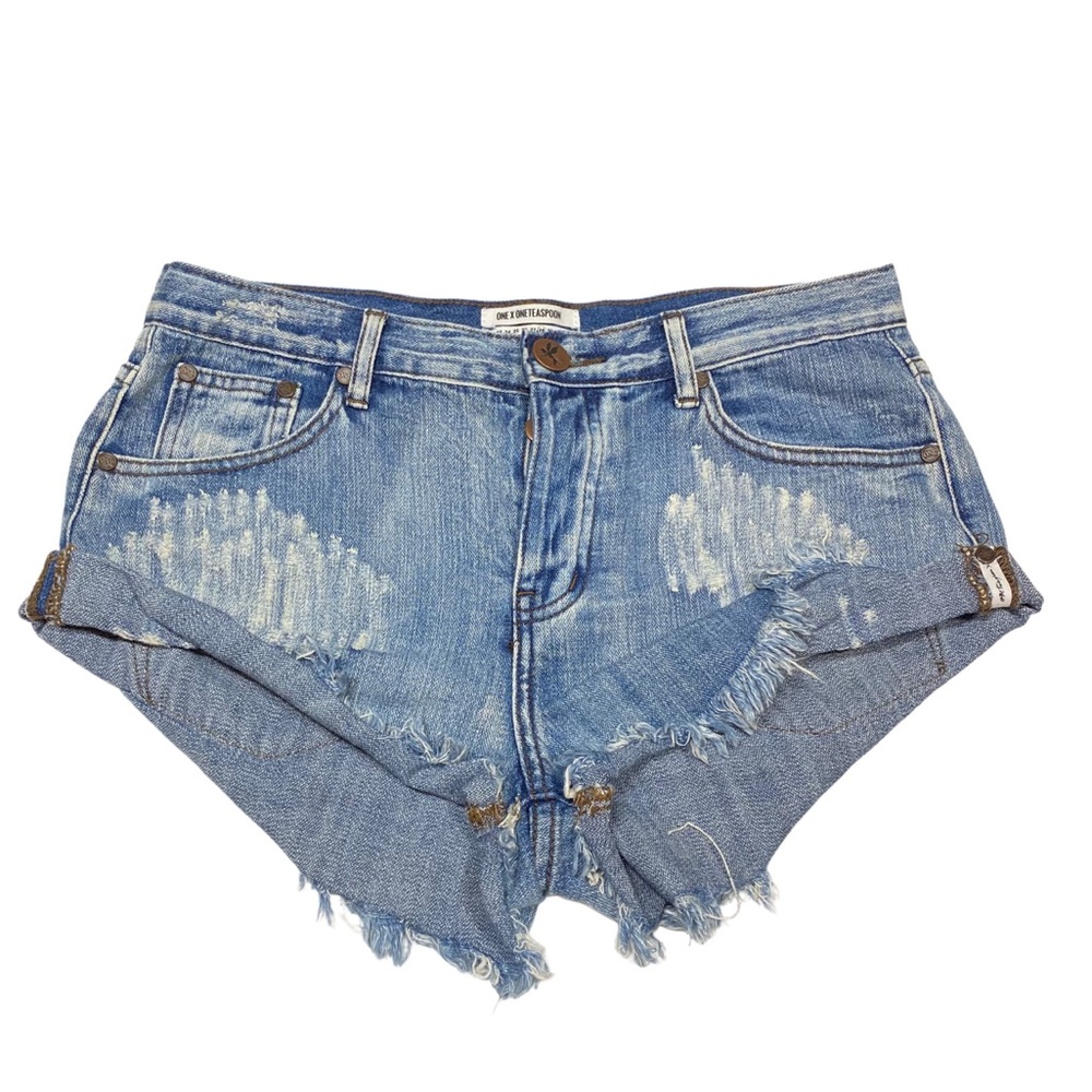 One Teaspoon Denim Bandit Shorts Blue Mid Rise Washed Out Frayed Trim Size 28